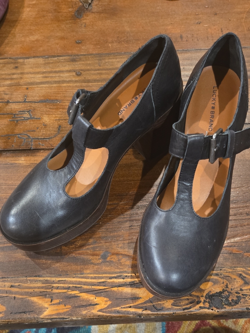 Lucky Brand Black T-Strap Block Heel Mary Janes
